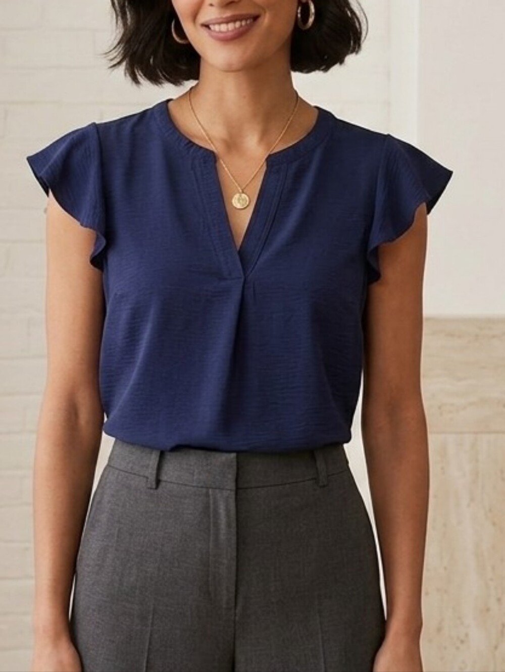 Calvin Klein Navy Blue Flutter Sleeve Blouse Women’s XL